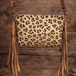 Leopard Print Crossbody with Tan Fringe